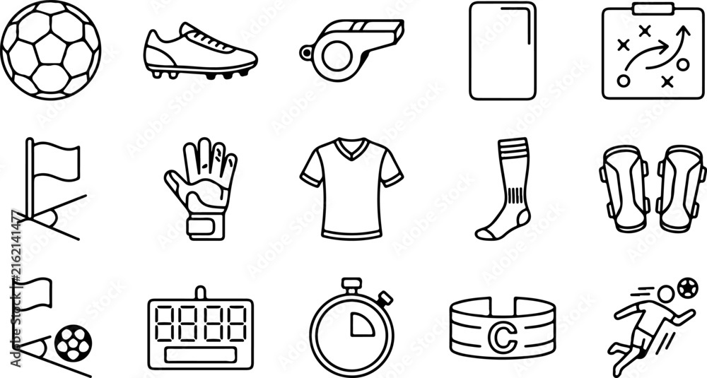 Fototapeta premium Set of soccer icons including football ball, cleats, whistle, referee card, tactics board, goalkeeper gloves, jersey, socks, shin guards, scoreboard, and player