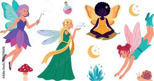 Cute Magical Fairy Character Set with Pixie Wings Magic Wand Mushroom Potion and Crystals Vector Illustration for Kids Fantasy Storybook Designs