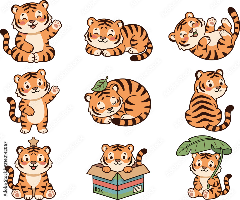 Obraz premium Cute Kawaii Baby Tiger Vector Illustration Set Featuring Playful Cartoon Wildlife Characters Waving Sleeping in Boxes and Holding Green Tropical Leaves
