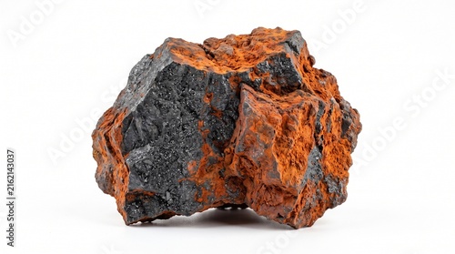 A realistic collection of iron ore materials featuring hematite, magnetite, banded iron formation, oxidized ore, crushed fragments, iron ore concentrate, and pellets. Isolated on a clean white backgro
