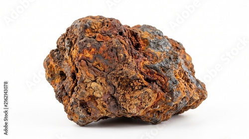 A realistic collection of iron ore materials featuring hematite, magnetite, banded iron formation, oxidized ore, crushed fragments, iron ore concentrate, and pellets. Isolated on a clean white backgro