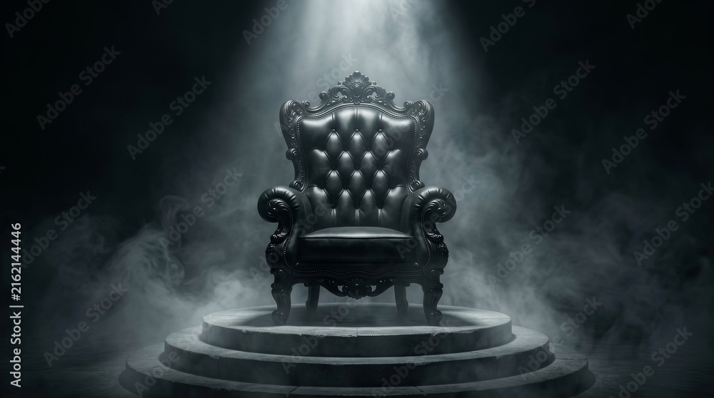 Naklejka premium Ornate black throne positioned on a circular pedestal surrounded by eerie mist.