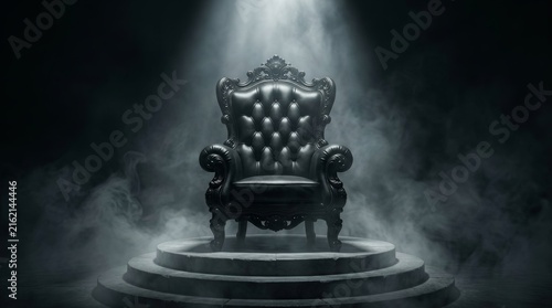 Ornate black throne positioned on a circular pedestal surrounded by eerie mist.