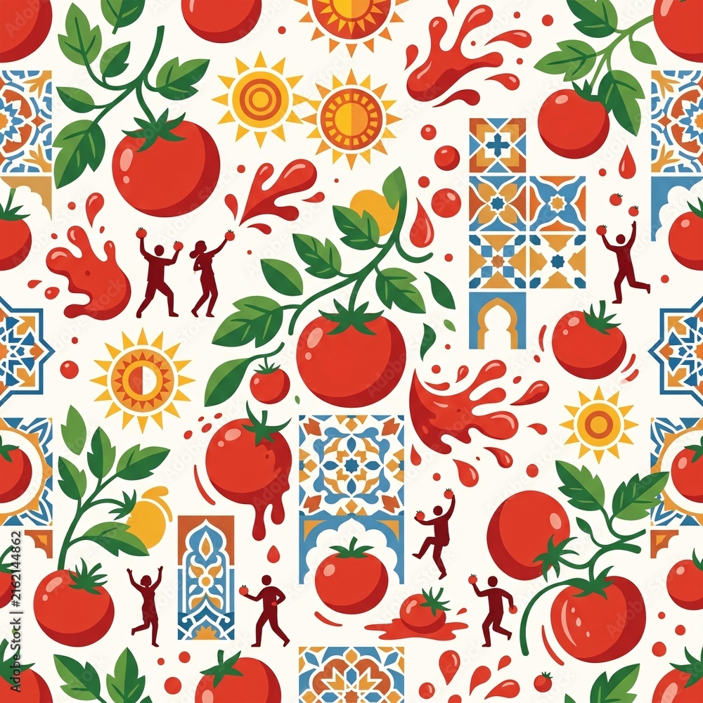 Seamless vector pattern with ripe red tomatoes juice splashes suns people celebrating decorative mosaic tiles inspired by traditional spanish summer
