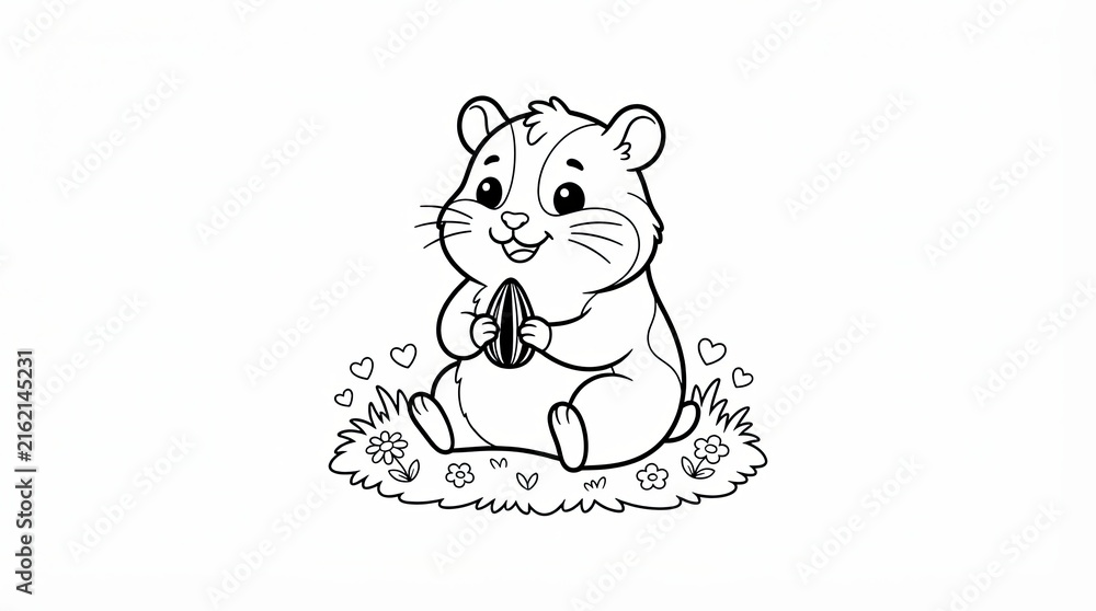 Fototapeta premium Cute hamster eating a sunflower seed on a small grassy patch outline drawing