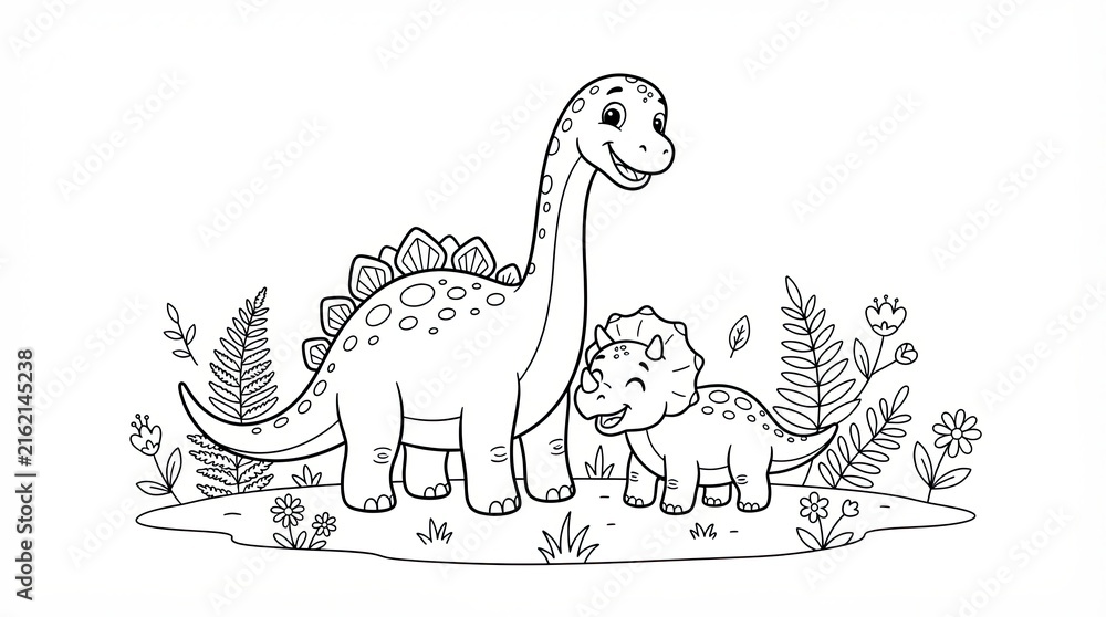 Fototapeta premium Cute cartoon dinosaur family standing in a garden for coloring page