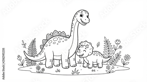 Cute cartoon dinosaur family standing in a garden for coloring page