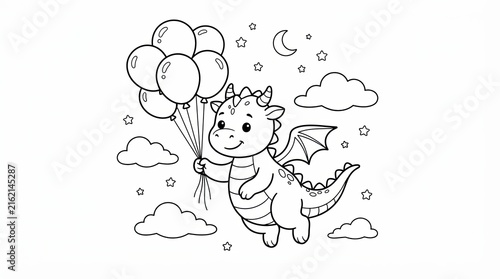 Cute little dragon flying with many balloons in the night sky drawing
