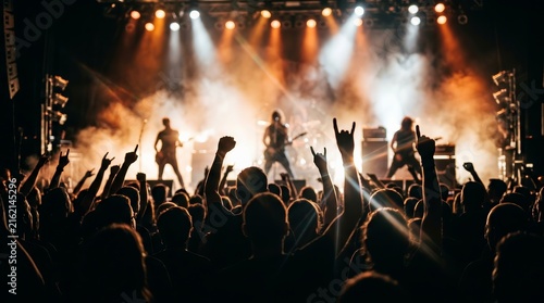 Excited fans cheering at a rock show with a band performing under bright lights.