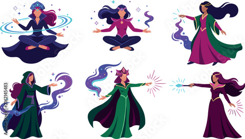 Quadro su tela Fantasy Sorceress Character Vector Set with Female Witch Mage Figures Levitating