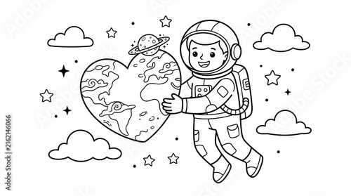 Cute astronaut boy holding a heart shaped earth in deep space drawing