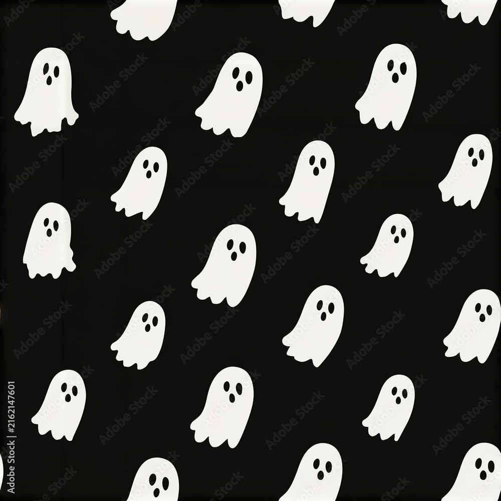 Obraz premium Minimalist Halloween pattern featuring tiny white ghost icons on black background creating spooky festive mood