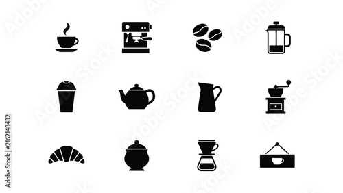 Coffee and tea icons set with various brewing methods with displays collection black icons related coffee baked goods white background