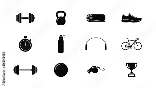 Fitness icons for exercise with including dumbbells kettlebell water bottle headphones running shoe stopwatch black white fitness