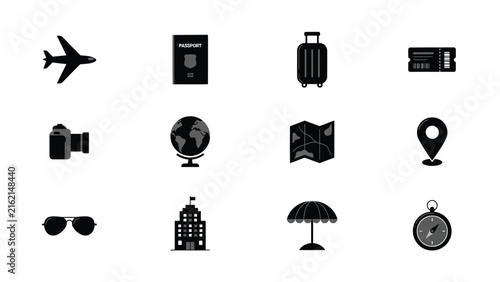 Travel with collection black travel related icons white background sunglasses parachute passport airplane location building