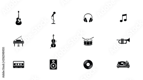 Music icons set with instruments with guitars microphones headphones background including guitars collection black music white background