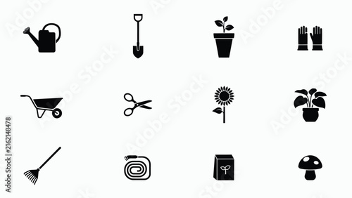 Gardening tools with collection 12 black icons white background watering can seed box wheelbarrow seedling scissors mushroom