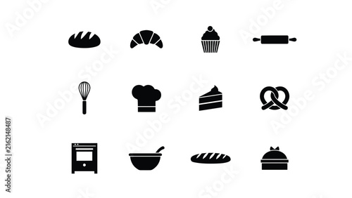 Baking icons set with white background including including bread pastries collection black baking pastries kitchen tools with mixing bowl
