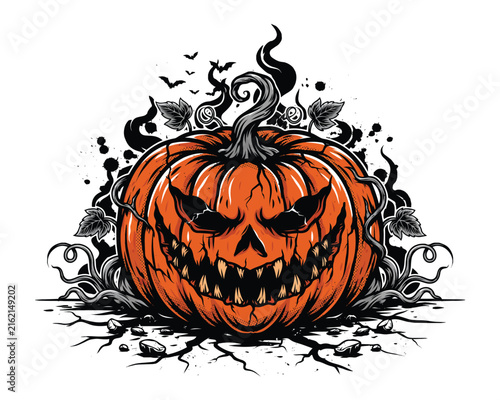 Foto Spooky Pumpkin Monster Halloween Character Vector Illustration Isolated on White