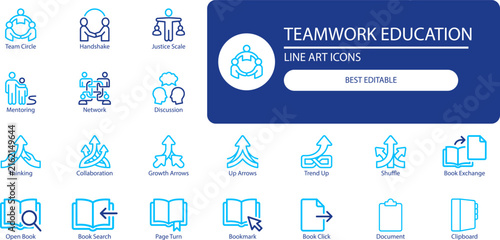 Teamwork and education outline icon set. Minimal vector symbols of people, books, growth arrows for business and learning design