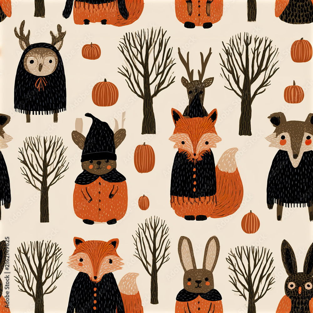 Naklejka premium Minimalist woodland Halloween pattern with fox, owl, rabbit, deer, pumpkin, and bare tree in warm autumn colors