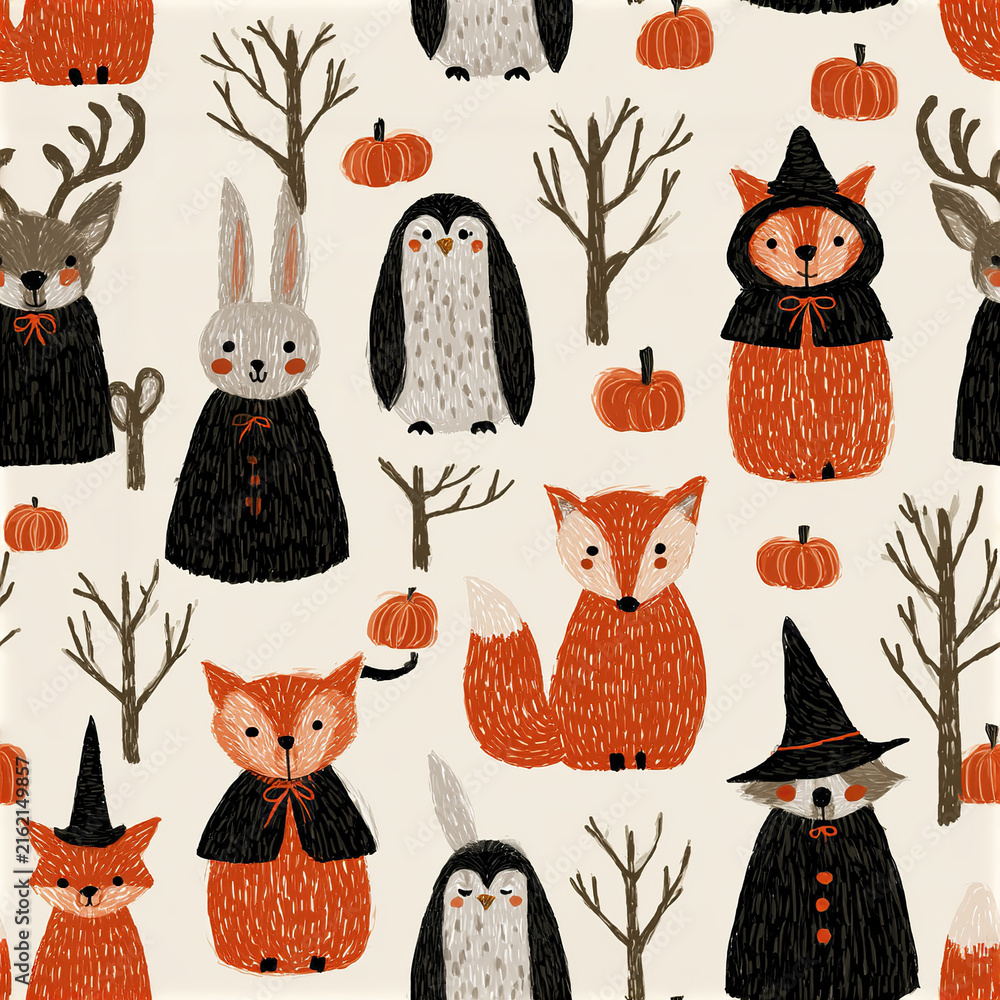 Naklejka premium Halloween fox pumpkin owl deer rabbit witch hat tree autumn pattern cute animal costume