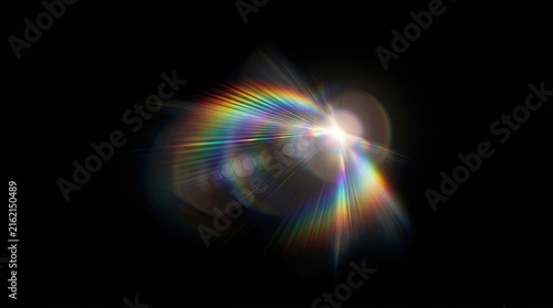 Abstract rainbow lens flare light leak overlay on black background