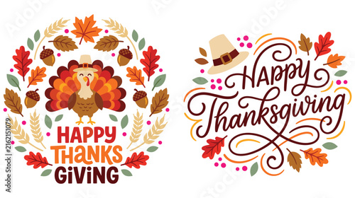 Happy thanksgiving day typography with roasted turkey and autumn leaves wreath design.