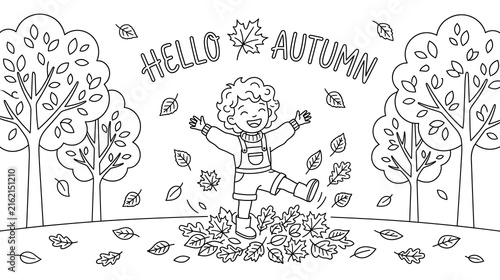 Hello autumn coloring page for children with cute boy playing in pile of fallen leaves.