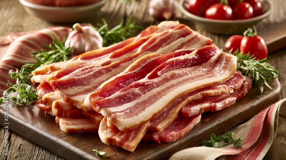 Obraz premium Freshly Cut Bacon Strips on Wooden Board Surrounded by Garlic, Cherry Tomatoes, and Herbs for Culinary Inspiration and Delicious Recipes