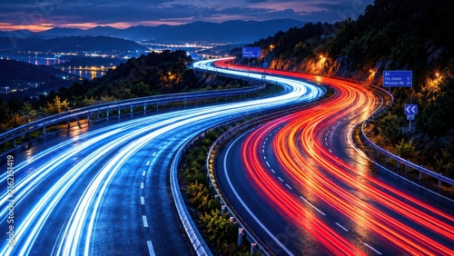 A winding mountain highway at night with long exposure light trails from car headlights and taillights creating blue and red streaks on the road