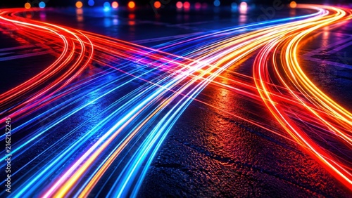Abstract light trails in blue, red, and orange colors intersecting on a dark, textured asphalt surface, creating a dynamic sense of speed