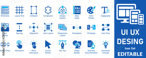 UI UX Design icon set. Includes symbols for Wireframe, Layout Grid, Prototype, and Typography. Solid vector icons for web developers and mobile app UI interfaces.