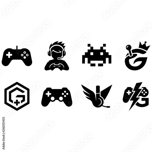 Set of black video game icons featuring controllers and player logos for creative projects