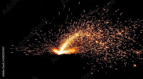 Bright glowing sparks flying from metal grinding against dark background
