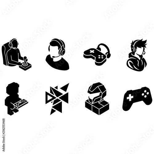Set of black and white video game icons featuring players and controllers for gaming design