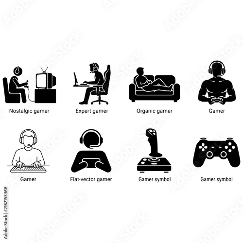 Set of black icons showing people playing video games and gaming equipment for design projects