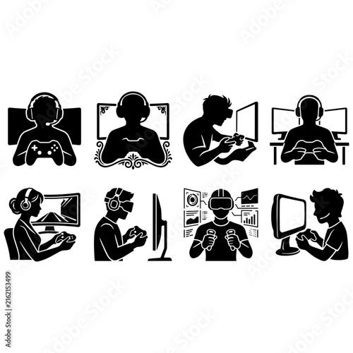 Black and white icon set of people playing video games and using virtual reality headsets