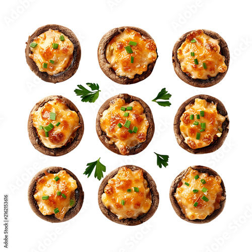 Circular presentation of savory stuffed mushroom caps