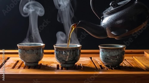 Steaming tea pouring into traditional ceramic cups.
