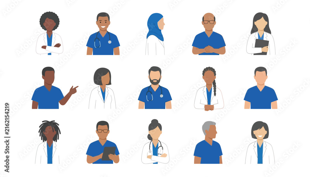 Fototapeta premium Diverse healthcare professionals in flat vector style showcasing medical staff with varying appearances and attire doctor nurse physician worker