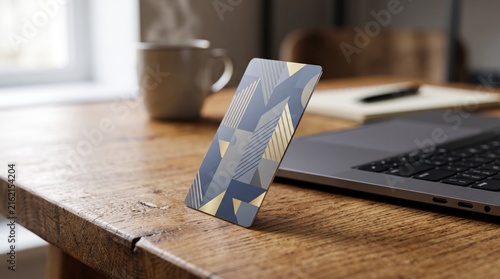 Credit card standing on wooden desk next to laptop computer, online shopping, e-commerce payment, digital banking concept, modern workspace with coffee cup in background