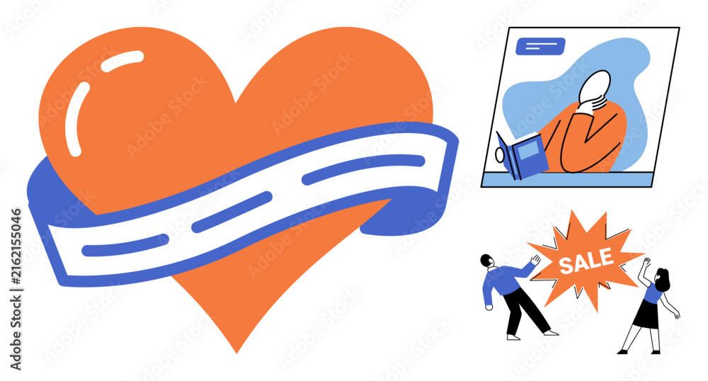 Fototapeta premium Heart with road ribbon and people shopping vector illustration. Marketing, commerce, love, travel, retail, consumerism. Romantic path and customers interacting with discount sign