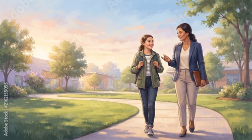 Woman and Teenage Girl Walking in Park at Sunset – Supportive Conversation, Mentorship and Family Bond