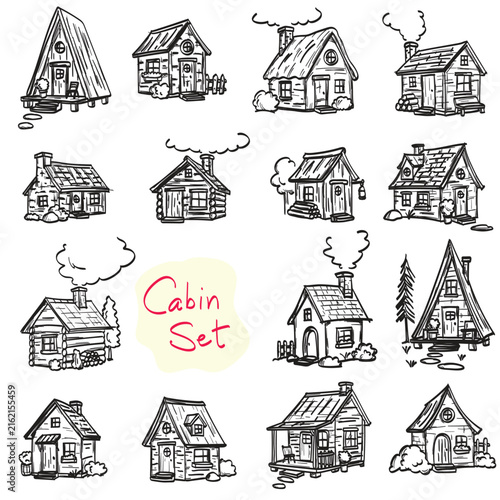set of wooden cabin illustration drawing vector isolated on white background