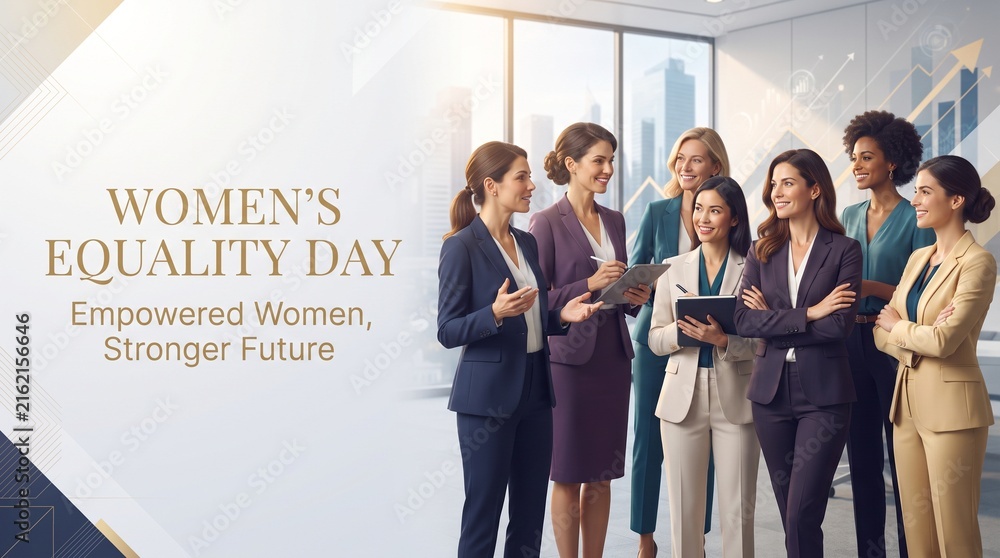 Obraz premium Women’s Equality Day Corporate Banner with Diverse Female Professionals and Empowerment Message Background