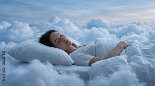 A beautiful young woman dreaming while resting on a soft pillow amidst white clouds.