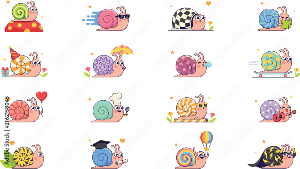 Fototapeta premium Cute Cartoon Snail Character Emotion and Hobby Set Featuring Reading, Skateboard, Chef, Superhero, Graduate, and Musician Garden Animal Vectors for Kids Graphic Designs