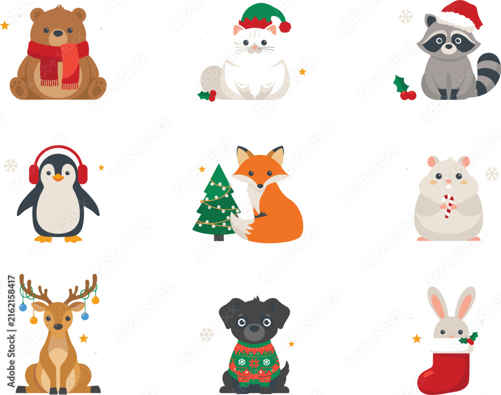 Fototapeta premium Cute Christmas Animals Vector Icon Set Featuring Bear, Cat, Raccoon, Penguin, Fox, Hamster, Deer, Dog, and Rabbit for Winter Holiday Greeting Card Designs