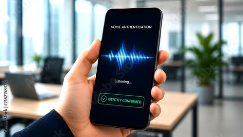 Voice authentication screen with sound waveform on smartphone